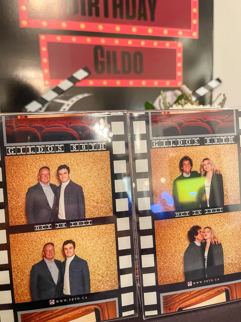 Two printed photo booth strips from a birthday party, with a movie-theatre design and photos of guests posing in front of a gold sequin backdrop